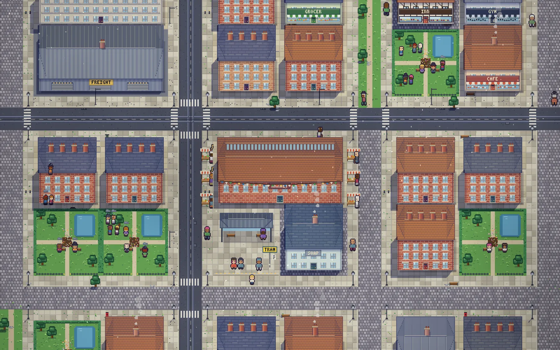 Old Kettle, a district of Kettleford, from above: the market hall, terraced homes, shops, a park and a freight depot, with townsfolk in the streets